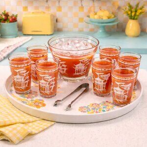 Vintage 1950s HAZEL ATLAS “Dyball” Ice Bucket, Tongs & 8 Glasses Set | Orange